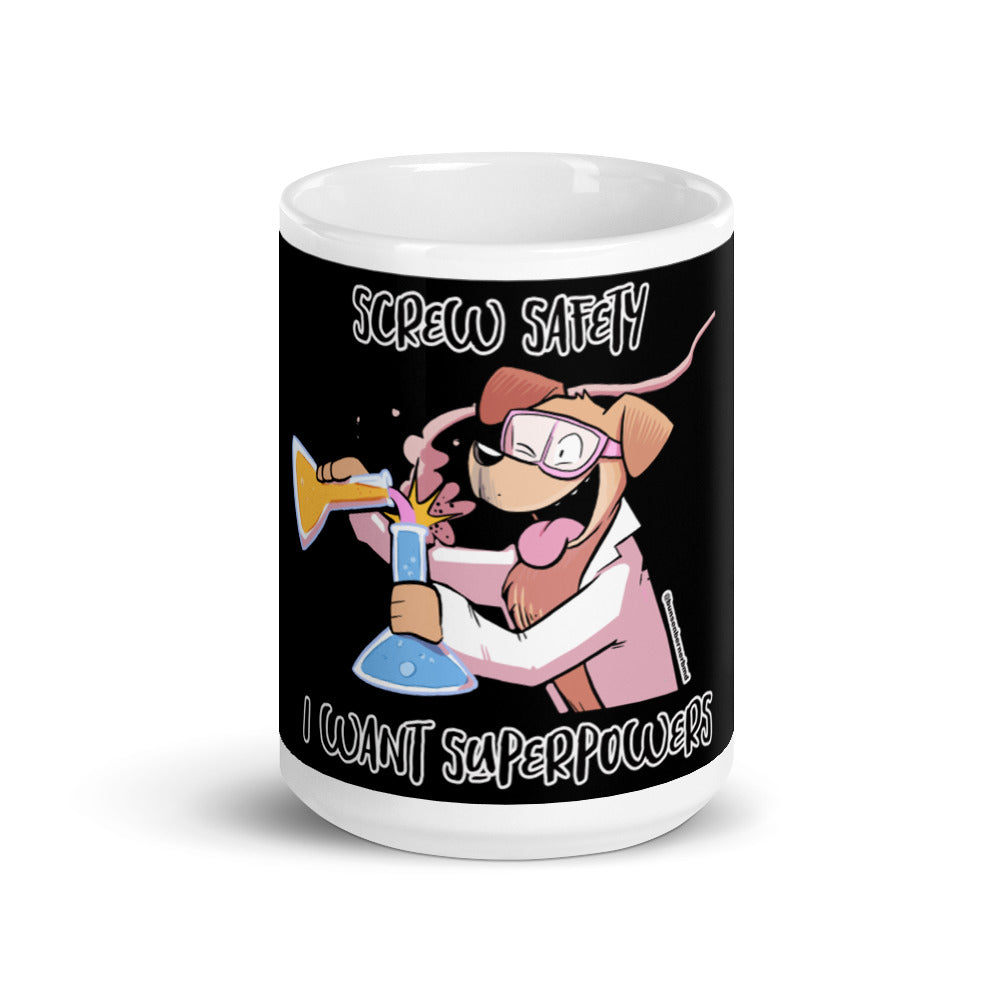 White glossy mug: Screw Safety (black)